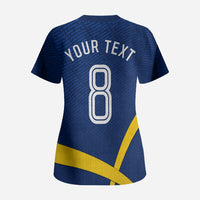 Personalized Sweden Football Trophy Scrub Top Golden Cup Flag Ribbon Dynamic Stripes