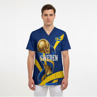 Personalized Sweden Football Trophy Scrub Top Golden Cup Flag Ribbon Dynamic Stripes