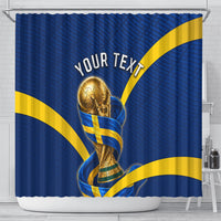 Personalized Sweden Football Trophy Shower Curtain Golden Cup Flag Ribbon Dynamic Stripes