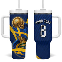 Personalized Sweden Football Trophy Tumbler With Handle Golden Cup Flag Ribbon Dynamic Stripes