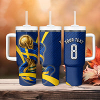 Personalized Sweden Football Trophy Tumbler With Handle Golden Cup Flag Ribbon Dynamic Stripes