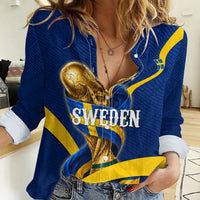Personalized Sweden Football Trophy Women Casual Shirt Golden Cup Flag Ribbon Dynamic Stripes