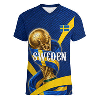 Personalized Sweden Football Trophy Women V-Neck T-Shirt Golden Cup Flag Ribbon Dynamic Stripes