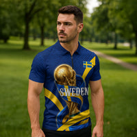Personalized Sweden Football Trophy Zipper Polo Shirt Golden Cup Flag Ribbon Dynamic Stripes
