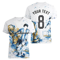 Personalized Argentina Football La Seleccion Women V-Neck T-Shirt Watercolor Splatter World Soccer Art