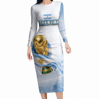 Personalized Argentina Football Champion Trophy Long Sleeve Bodycon Dress Flag Soccer Fan Graphic