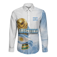 Personalized Argentina Football Champion Trophy Long Sleeve Button Shirt Flag Soccer Fan Graphic