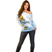 Personalized Argentina Football Champion Trophy Off Shoulder Sweater Flag Soccer Fan Graphic