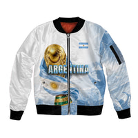 Personalized Argentina Football Champion Trophy Sleeve Zip Bomber Jacket Flag Soccer Fan Graphic