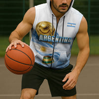 Personalized Argentina Football Champion Trophy Sleeveless Zip Hoodie Flag Soccer Fan Graphic