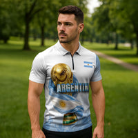 Personalized Argentina Football Champion Trophy Zipper Polo Shirt Flag Soccer Fan Graphic