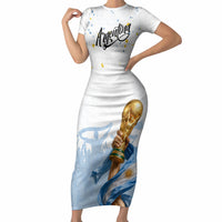 Personalized Argentina Football Short Sleeve Bodycon Dress Soccer Trophy Celebration Flag Graphic