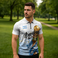 Personalized Argentina Football Zipper Polo Shirt Soccer Trophy Celebration Flag Graphic