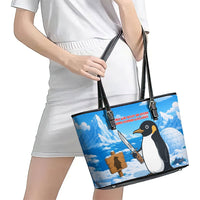 Flight Was Never An Option Funny Penguin With Knife Leather Tote Bag Animal Meme Humor Comic Graphic