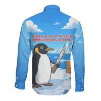 Flight Was Never An Option Funny Penguin With Knife Long Sleeve Button Shirt Animal Meme Humor Comic Graphic