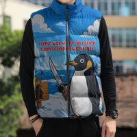 Flight Was Never An Option Funny Penguin With Knife Sleeveless Puffer Jacket Animal Meme Humor Comic Graphic