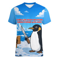Flight Was Never An Option Funny Penguin With Knife Women V-Neck T-Shirt Animal Meme Humor Comic Graphic