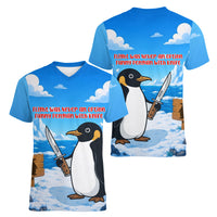 Flight Was Never An Option Funny Penguin With Knife Women V-Neck T-Shirt Animal Meme Humor Comic Graphic