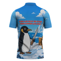 Flight Was Never An Option Funny Penguin With Knife Zipper Polo Shirt Animal Meme Humor Comic Graphic