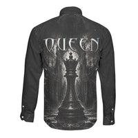 Chess Queen Long Sleeve Button Shirt Strategic Board Game Gothic Dark Fantasy