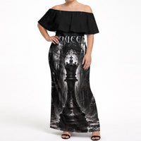 Chess Queen Off Shoulder Maxi Dress Strategic Board Game Gothic Dark Fantasy