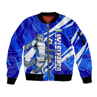 Personalized Uzbekistan Soccer Wolf Mascot Sleeve Zip Bomber Jacket Uzbekistan Football Dynamic Cartoon Geometric