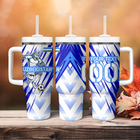 Personalized Uzbekistan Soccer Tumbler With Handle Wolf Mascot Chevron Zigzag Pattern