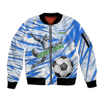 Personalized Uzbekistan Soccer Sleeve Zip Bomber Jacket White Wolves Football Halftone Pattern
