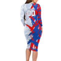 Personalized England Football Long Sleeve Bodycon Dress Fierce Lion Mascot Abstract Brush Stroke