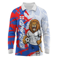 Personalized England Football Long Sleeve Polo Shirt Fierce Lion Mascot Abstract Brush Stroke