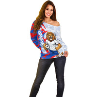 Personalized England Football Off Shoulder Sweater Fierce Lion Mascot Abstract Brush Stroke
