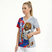 Personalized England Football Scrub Top Fierce Lion Mascot Abstract Brush Stroke