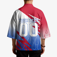 Personalized England Football Kimono Dynamic Lion Athlete Red Blue Flame