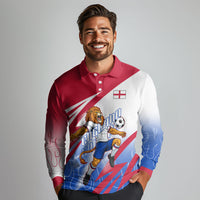 Personalized England Football Long Sleeve Polo Shirt Dynamic Lion Athlete Red Blue Flame