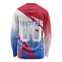 Personalized England Football Long Sleeve Shirt Dynamic Lion Athlete Red Blue Flame