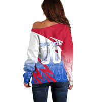 Personalized England Football Off Shoulder Sweater Dynamic Lion Athlete Red Blue Flame