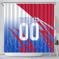 Personalized England Football Shower Curtain Dynamic Lion Athlete Red Blue Flame