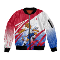 Personalized England Football Sleeve Zip Bomber Jacket Dynamic Lion Athlete Red Blue Flame