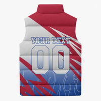 Personalized England Football Sleeveless Puffer Jacket Dynamic Lion Athlete Red Blue Flame