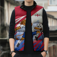 Personalized England Football Sleeveless Puffer Jacket Dynamic Lion Athlete Red Blue Flame