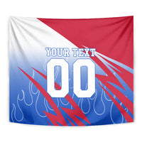 Personalized England Football Tapestry Dynamic Lion Athlete Red Blue Flame