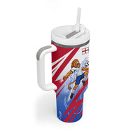 Personalized England Football Tumbler With Handle Dynamic Lion Athlete Red Blue Flame
