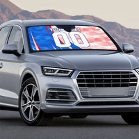 Personalized England Football Auto Sun Shade Powerful Lion Kicking Ball Red Blue Chevron Zigzag