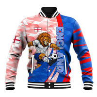 Personalized England Football Baseball Jacket Powerful Lion Kicking Ball Red Blue Chevron Zigzag