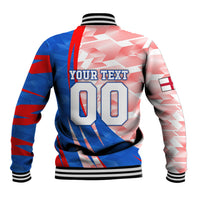 Personalized England Football Baseball Jacket Powerful Lion Kicking Ball Red Blue Chevron Zigzag