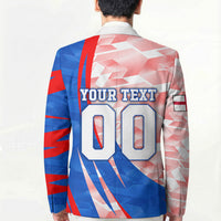 Personalized England Football Blazer Powerful Lion Kicking Ball Red Blue Chevron Zigzag