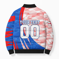 Personalized England Football Bomber Puffer Jacket Powerful Lion Kicking Ball Red Blue Chevron Zigzag