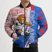 Personalized England Football Bomber Puffer Jacket Powerful Lion Kicking Ball Red Blue Chevron Zigzag