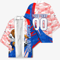 Personalized England Football Kimono Powerful Lion Kicking Ball Red Blue Chevron Zigzag
