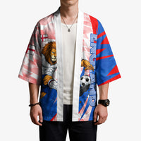 Personalized England Football Kimono Powerful Lion Kicking Ball Red Blue Chevron Zigzag